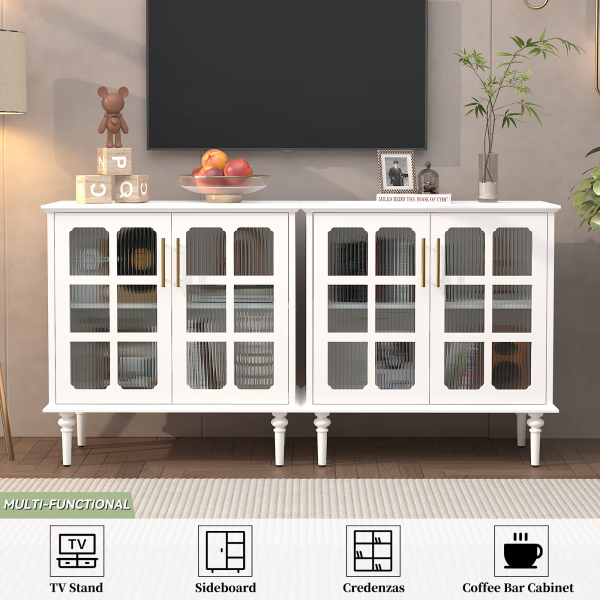 Vintage Buffet Cabinet with 2 Lattice Glass Door, Wooden Accent Cabinet with Adjustable Shelves - Image 7